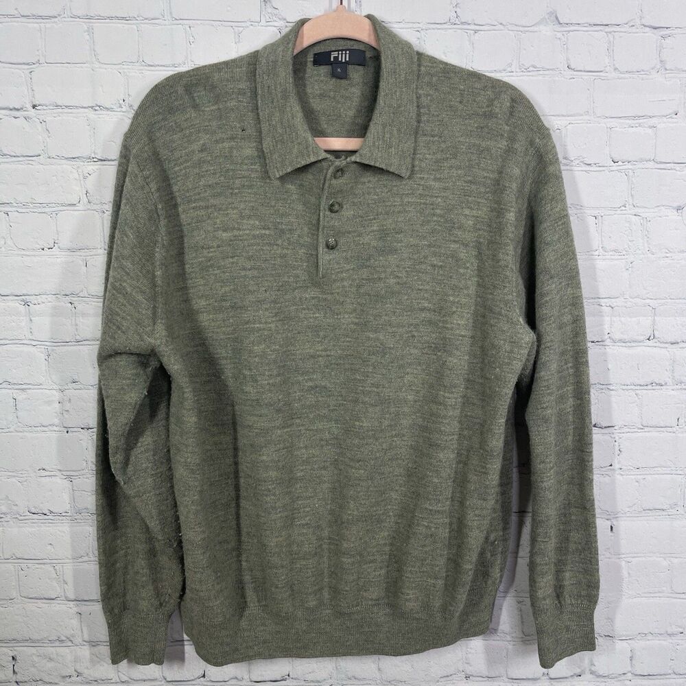 Fiii Pullover Sweater Mens XL Olive Green 100% Merino Wool Soft Golf Preppy